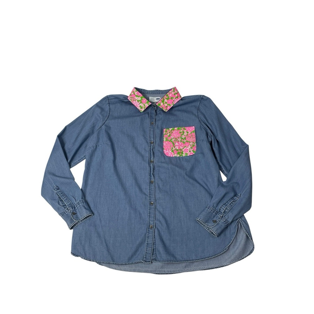 Upcycled Womens Denim Shirt XL Tall Vintage Zuzek Print Collar Pocket Statement